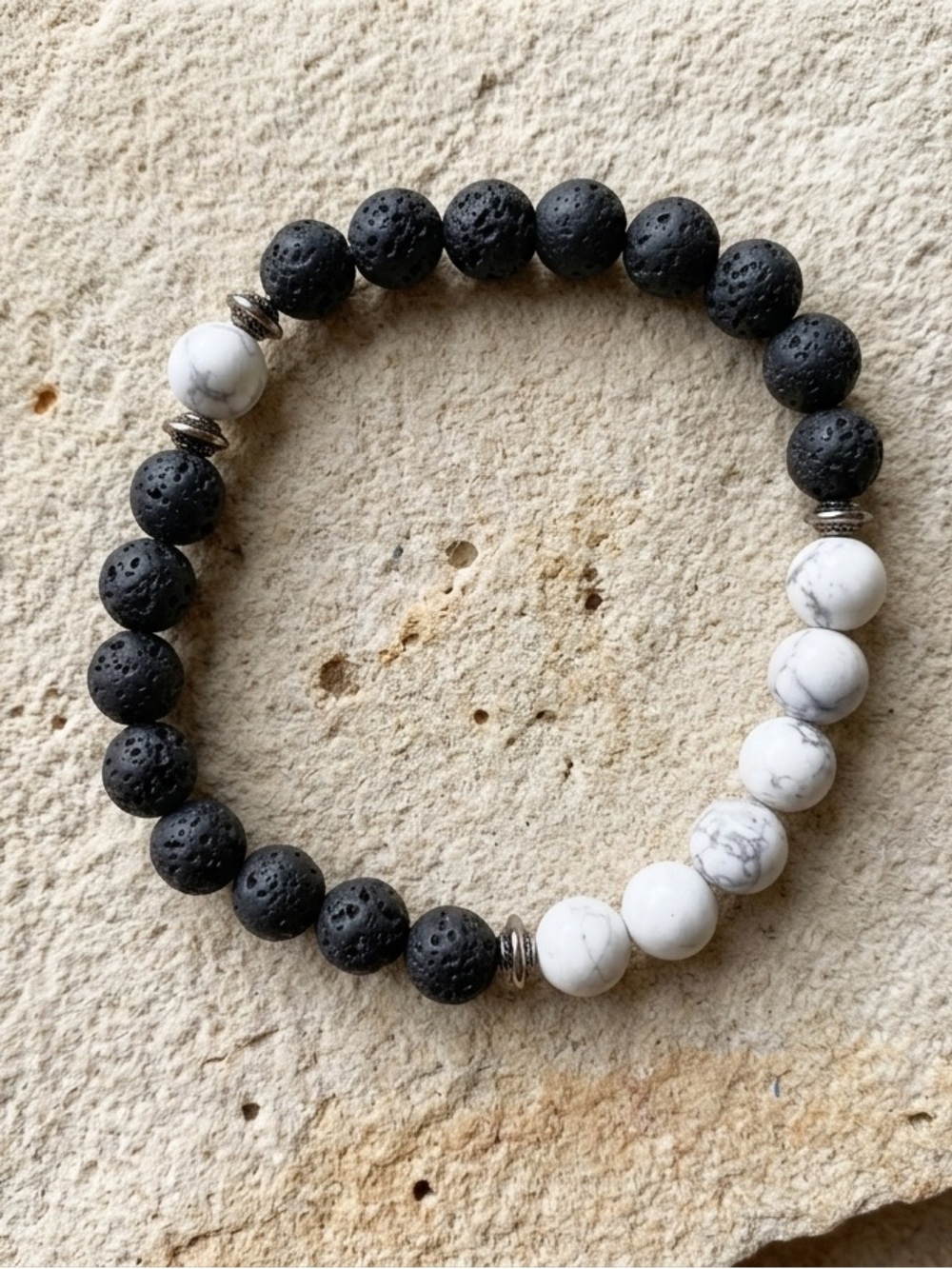 Unisex Natural Lava Rock and White Howlite 8mm Beaded Stretch Bracelet